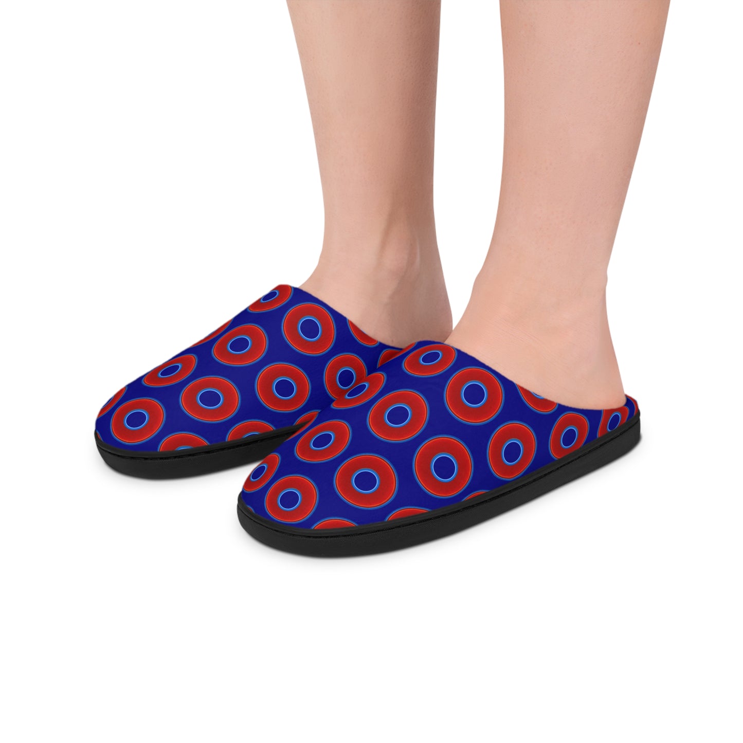 Men's Lumpy Slippers - red vivid donut print w/vivid navy blue background