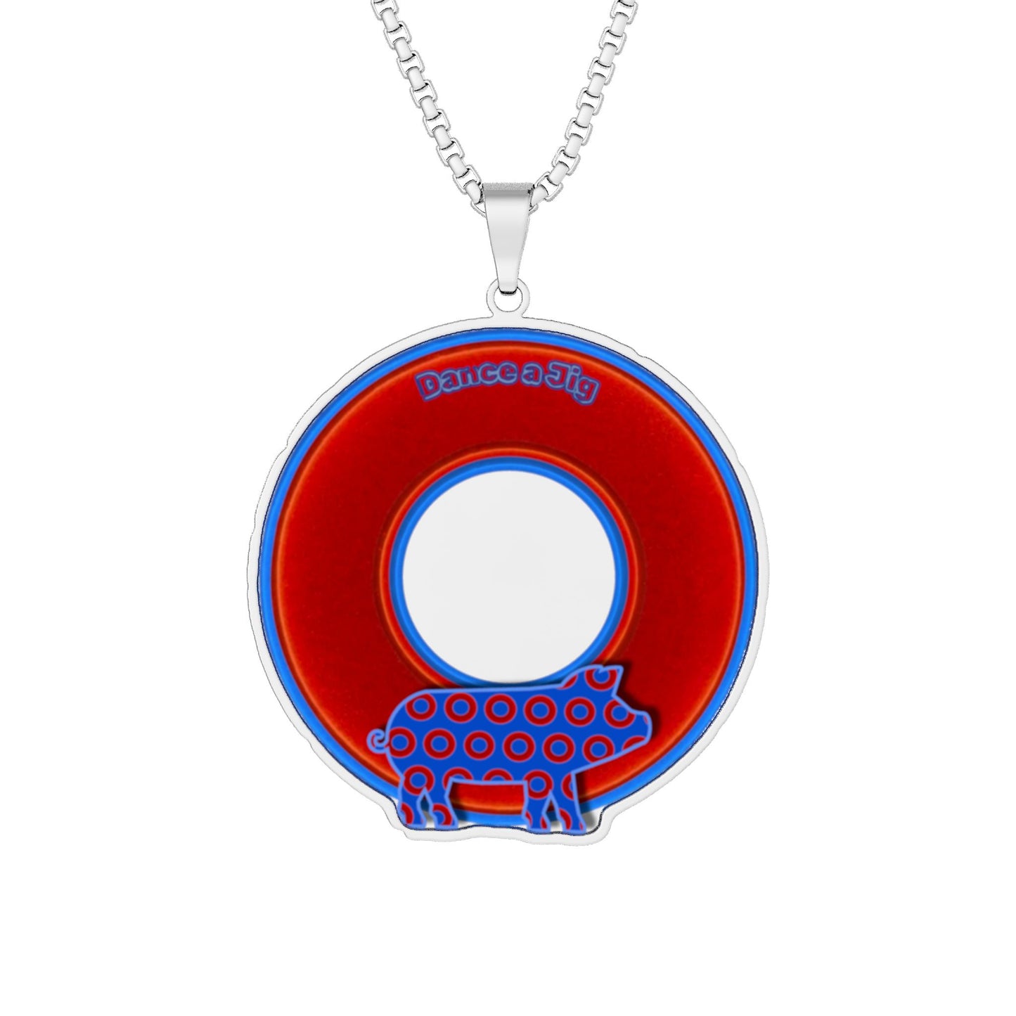 Lump's Heady Donut Necklace - 1" x 1" Stainless Steel Pendant - "Guyute's Tasty Pork Donut" - vivid red/blue donut - variant 2 - getting jiggy with it