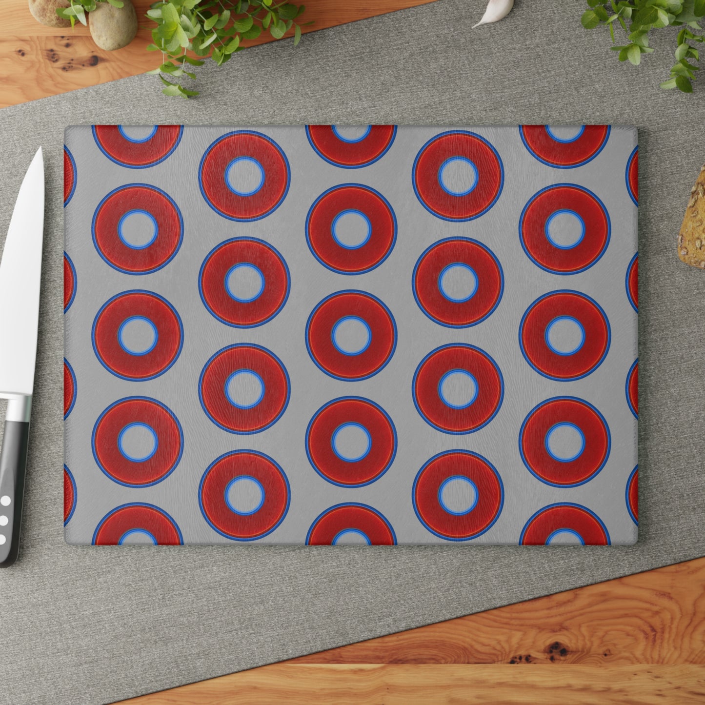 My Friend's Cutting Board - vivid red donuts w/light gray background