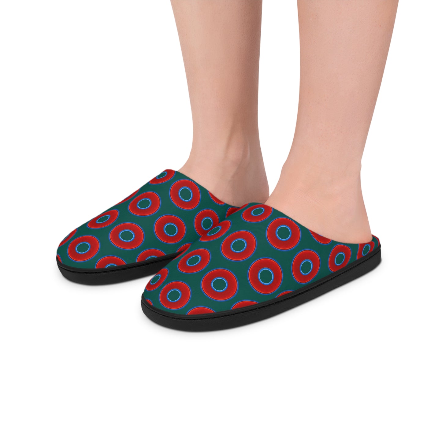 Women's Lumpy Slippers - red vivid donut print w/dark Fenway green background