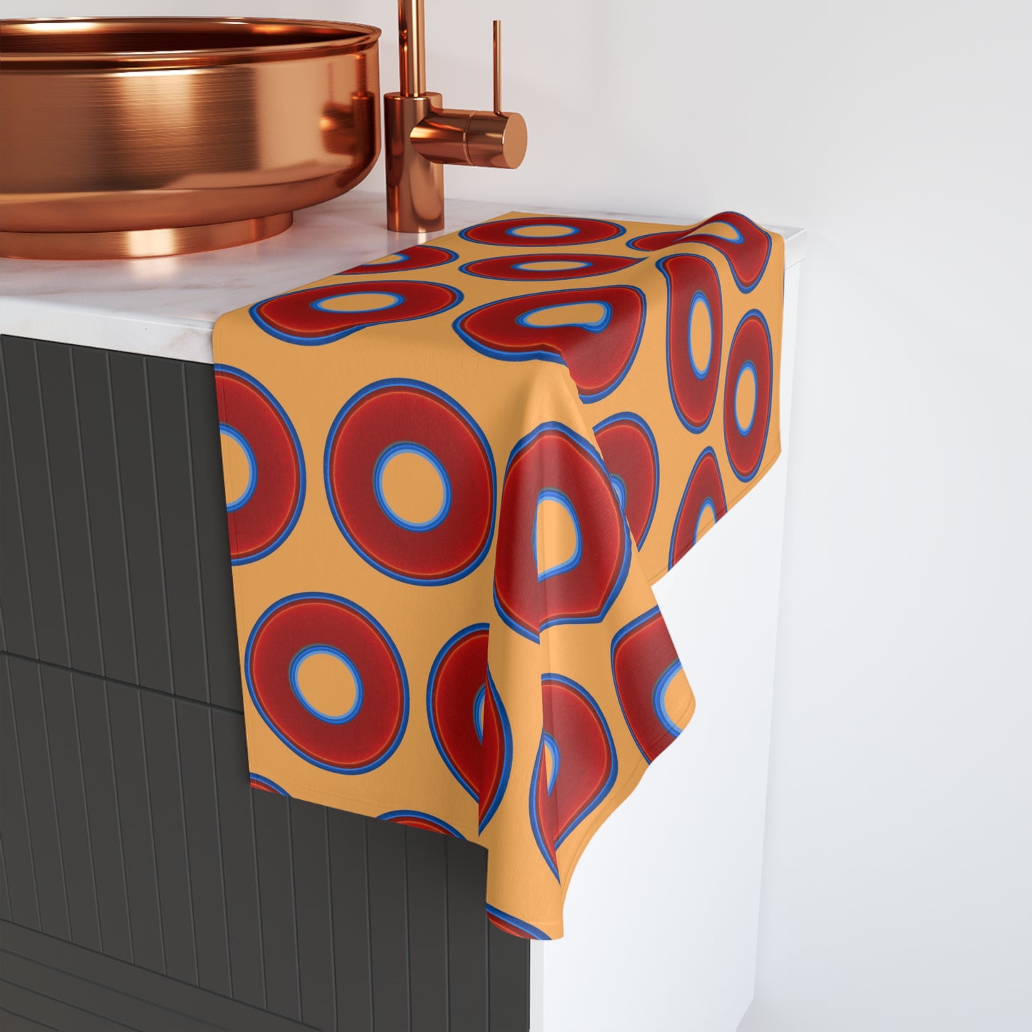 Lumpy Kitchen/Hand Towels - vivid red donuts w/creamsicle orange background