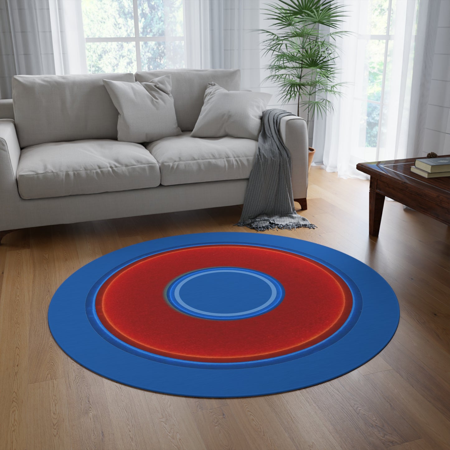 Round Room - 5 ft x 5 ft Lumpy Donut Rug - "Plain Donut" - vivid red/blue donut w/dark royal blue background