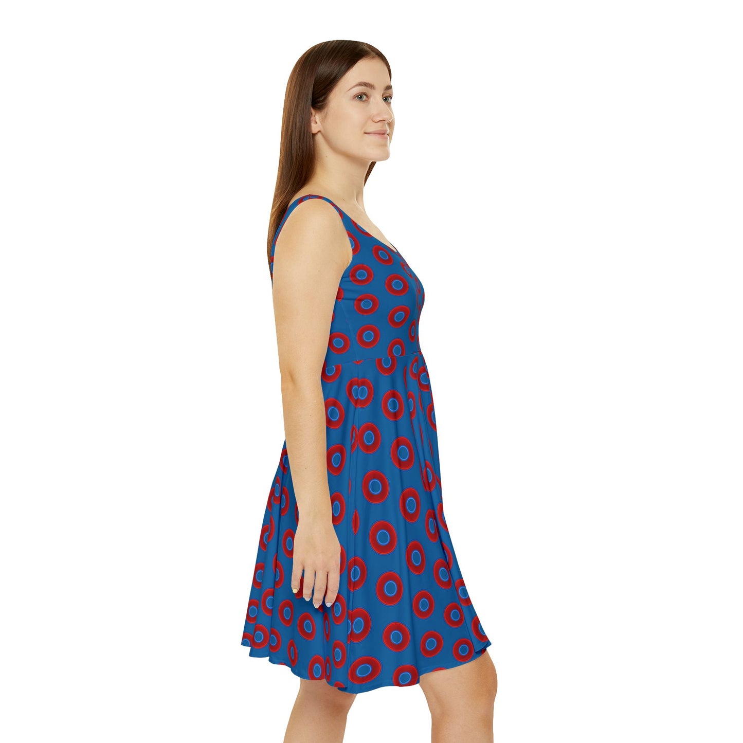 Women's Skater Donut Dress - vivid red donut print w/wavy navy blue background