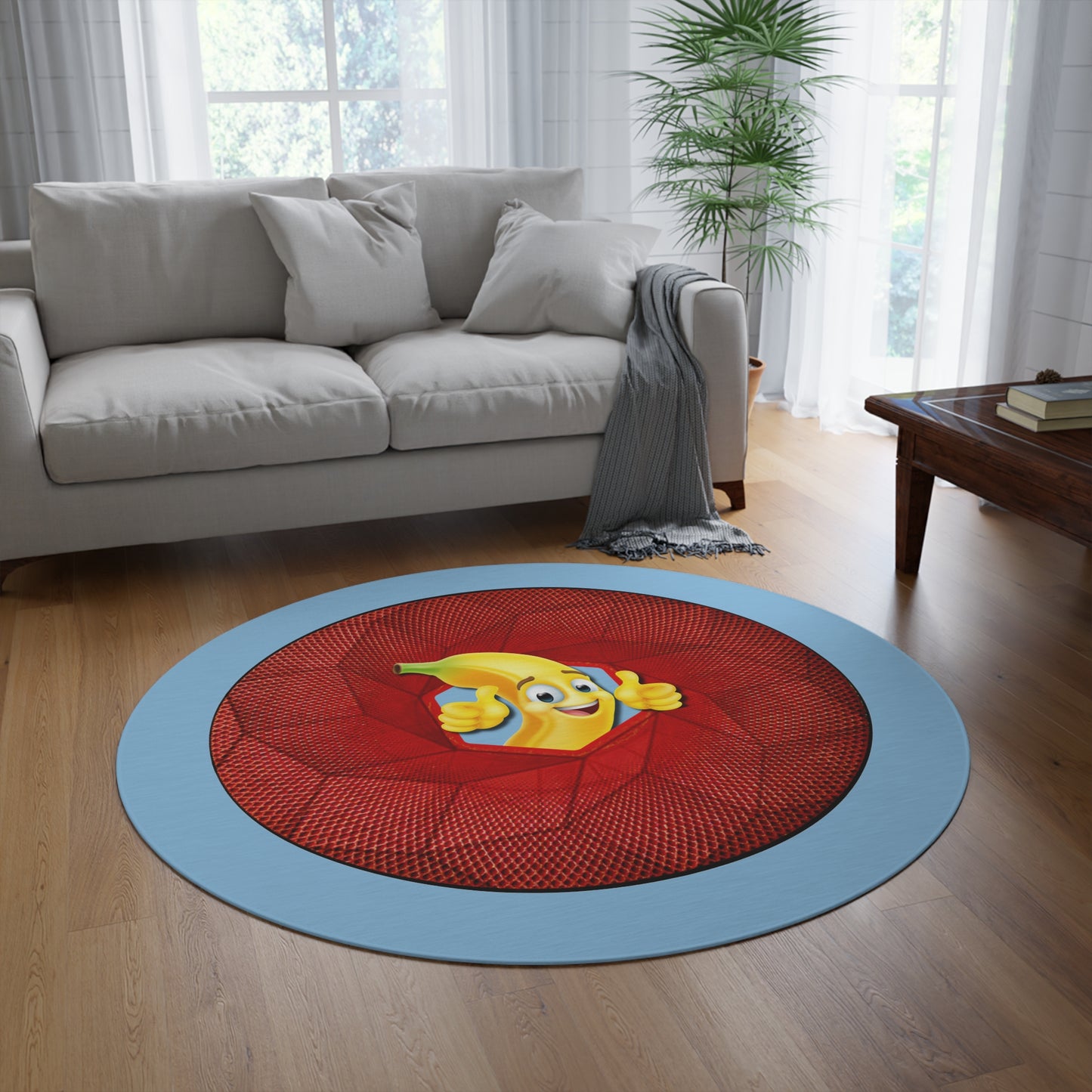 Round Room - 5 ft x 5 ft Lumpy Donut Rug - "Banana Bread Donut " - red cube donut w/sky blue background - variant 4