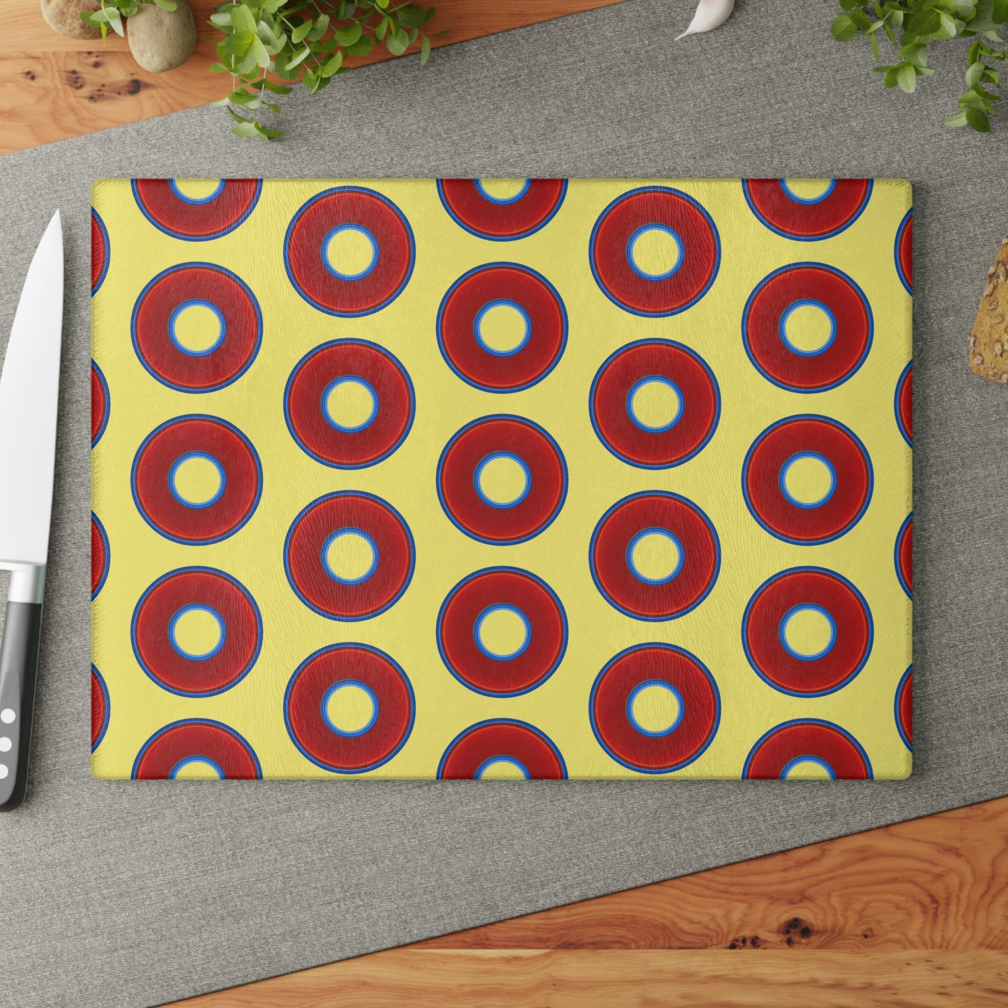 My Friend's Cutting Board - vivid red donuts w/yellow background