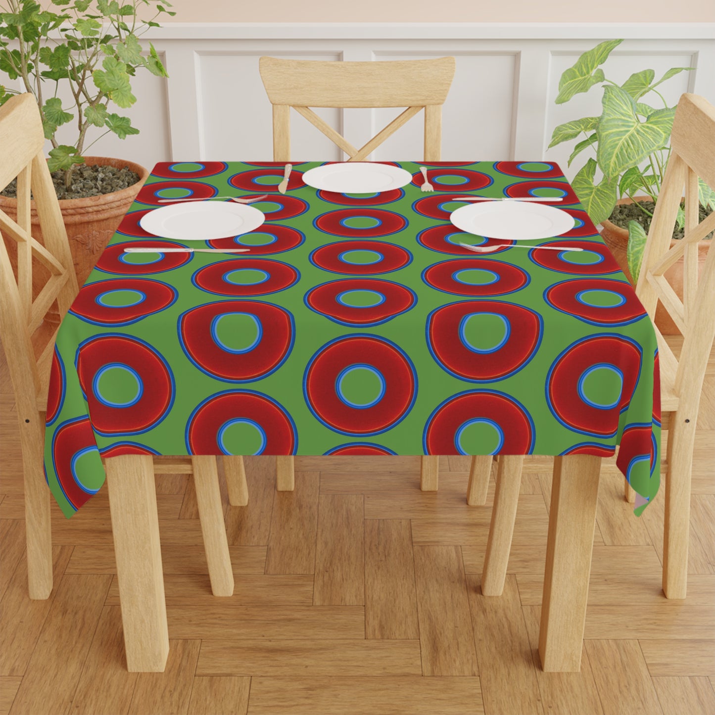 Lumpy Tablecloth - 55.1" x 55.1" - vivid red donuts w/light green background