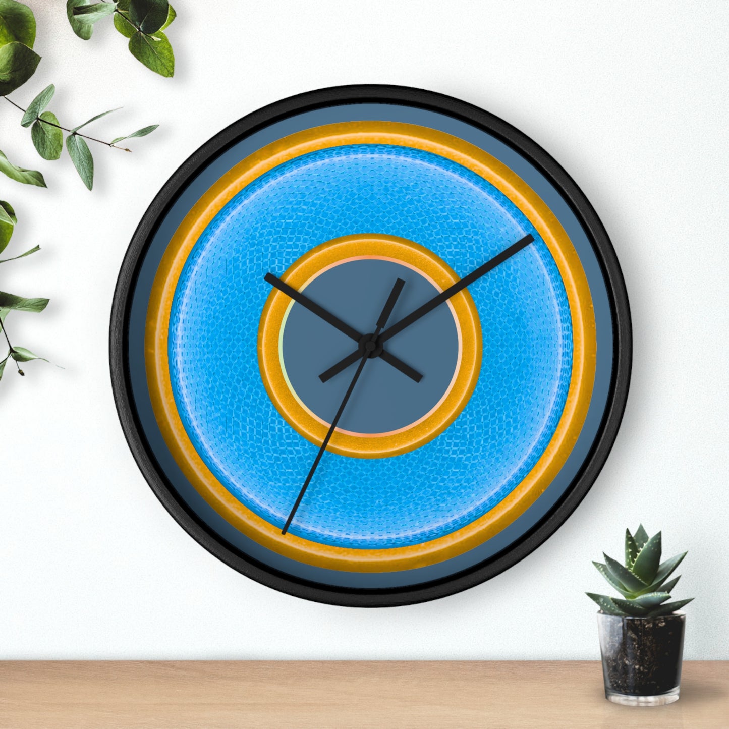 Lumpy Wall Clock - light blue rustic donut w/yellow edging - variant 5 w/steel blue background