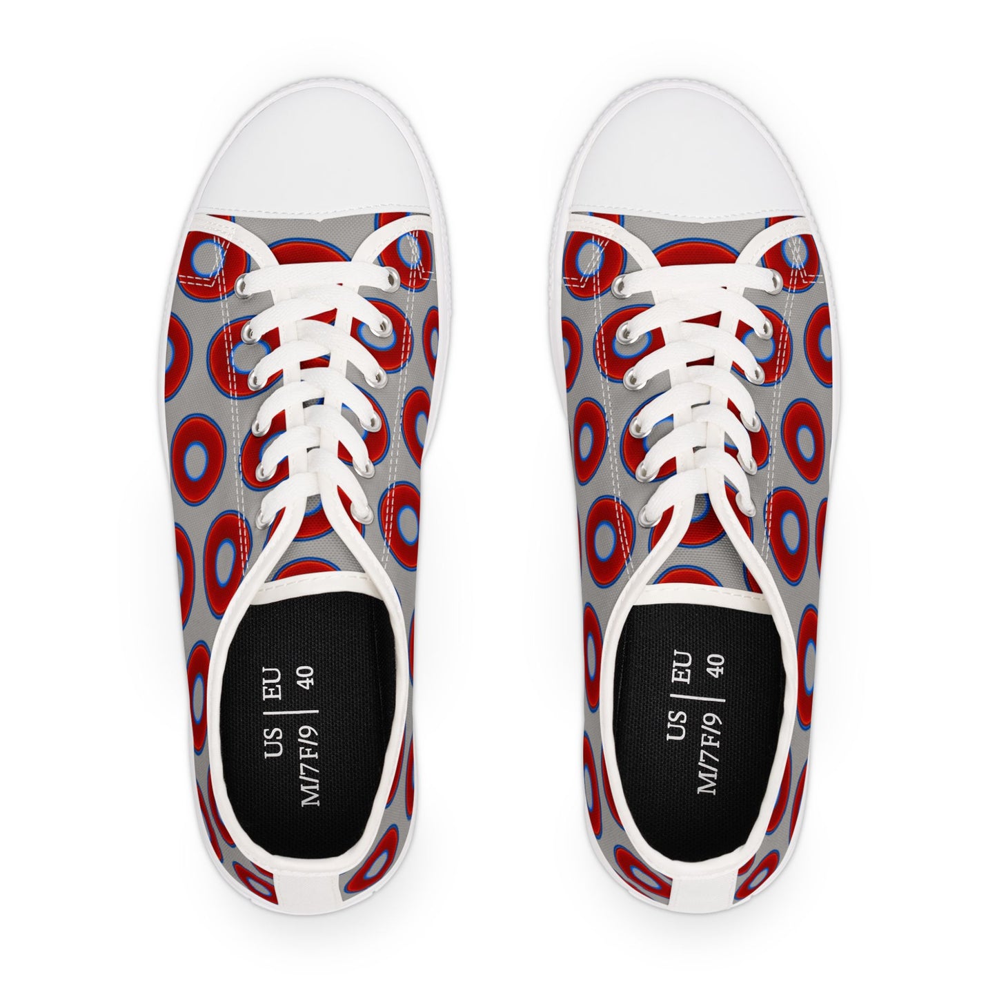Women's - Low Top Chuck Taylors - large vivid red donut print w/light gray background