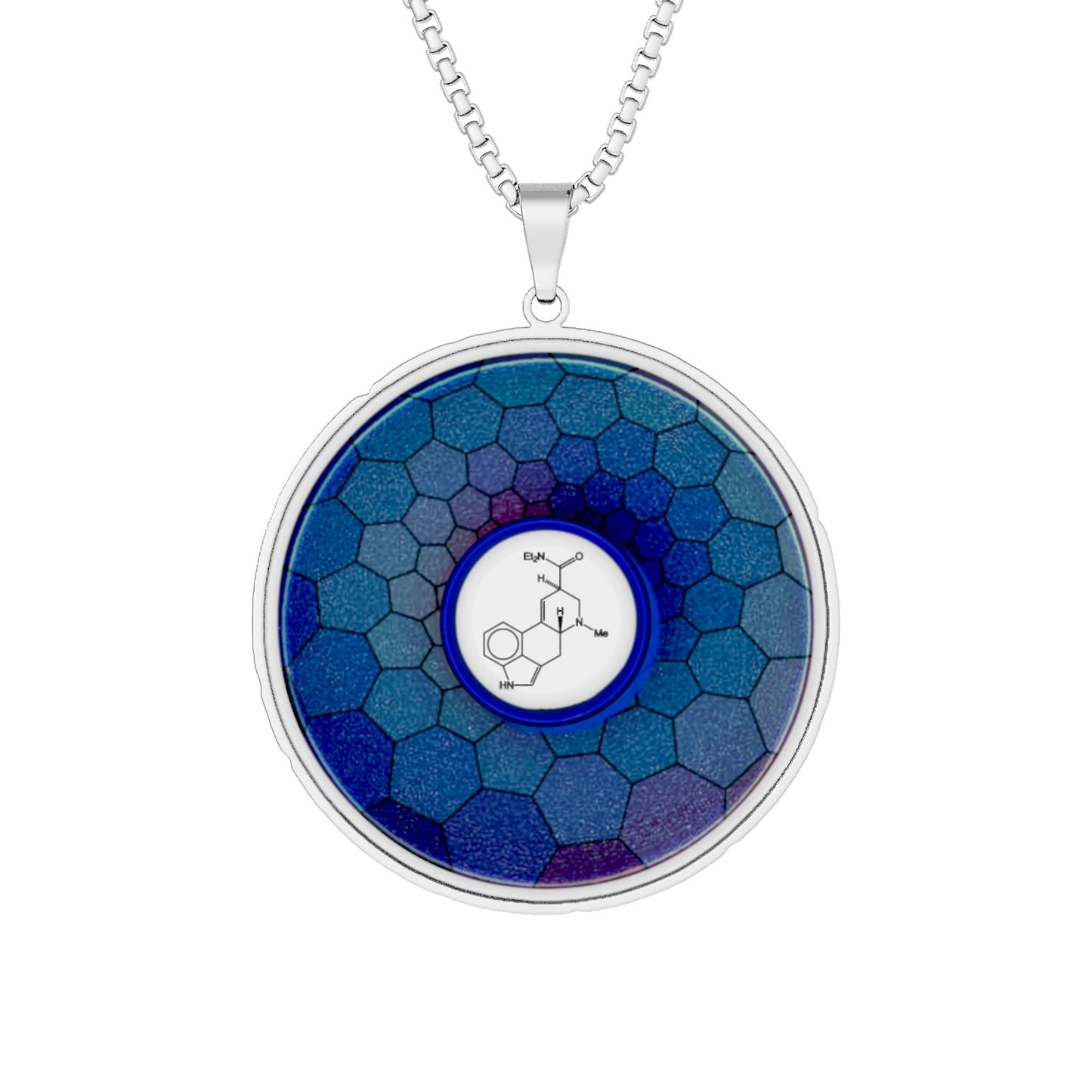 Lump's Heady Donut Necklace - 1" x 1" Stainless Steel Pendant - "Dr Albert Hofmann's Donut" - blue hexadonut - variant 2