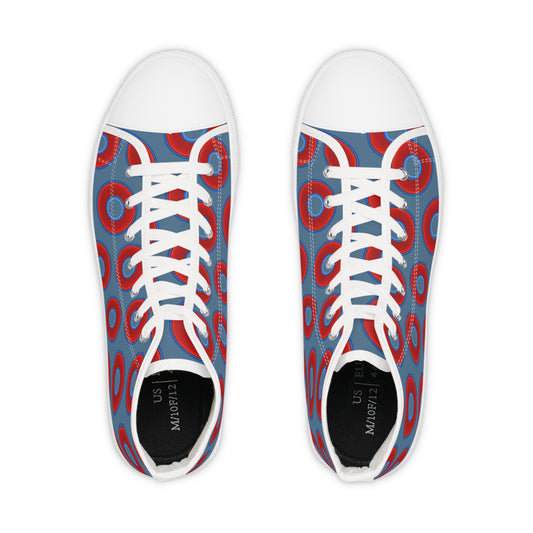 Men's High Top Chucks - large vivid red donut print w/steel blue background