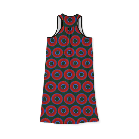 Tela's Lumpy Racerback Donut Dress - red vivid donut print w/deep pond green background