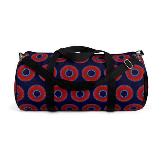 Lumpy Duffel - vivid red donuts w/midnight blue background