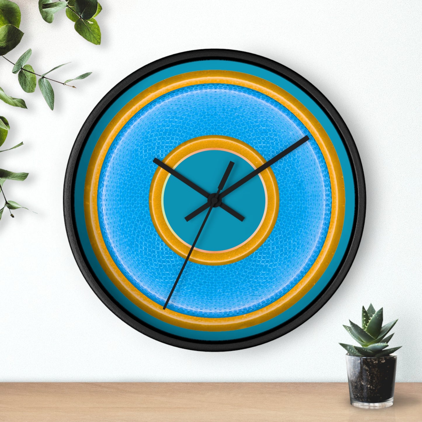 Lumpy Wall Clock - light blue rustic donut w/yellow edging - variant 1 w/aquamarine blue background