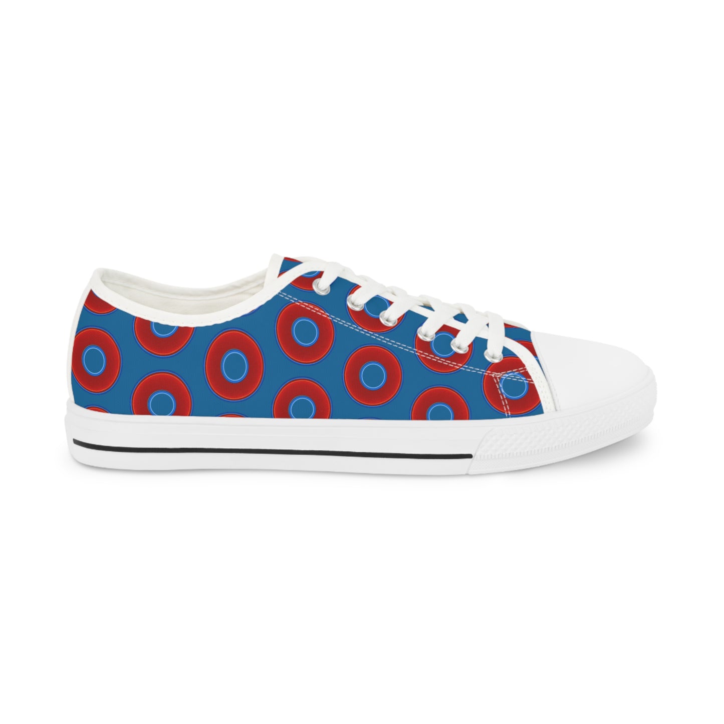 Men's - Low Top Chuck Taylors - large vivid red donut print w/wavy navy blue background