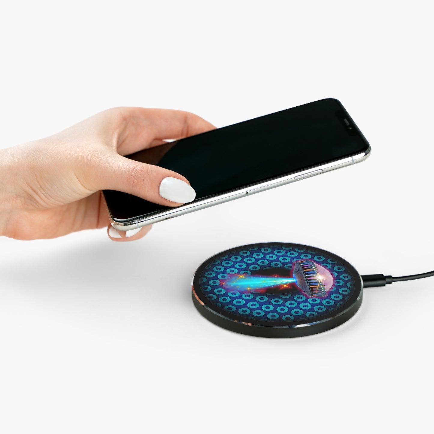 The Flow - Wireless Lumpy Donut Chargers - "They Have Wireless Charging on the Mothership Now" - paradoxical blue/teal donut w/black background - variant 5