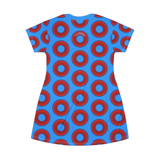 Not a Muumuu AOP Tee Shirt Dress - red vivid donuts w/sky royal blue background