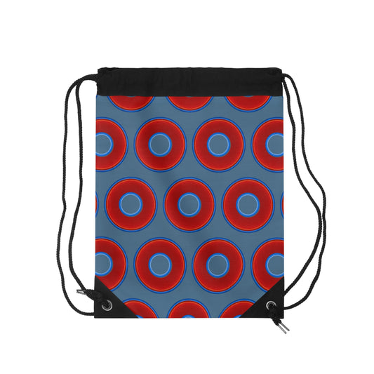 Lumpy Donut Drawstring Bag - red vivid donuts print w/steel blue background
