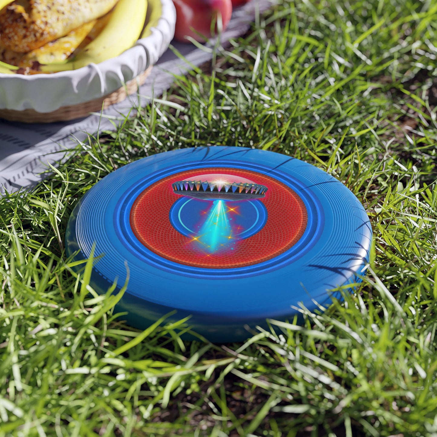 Lumpy Wham-O Donut Frisbee - "Unidentified Mothership of a Phrisbee" - red/royal blue vivid donut w/