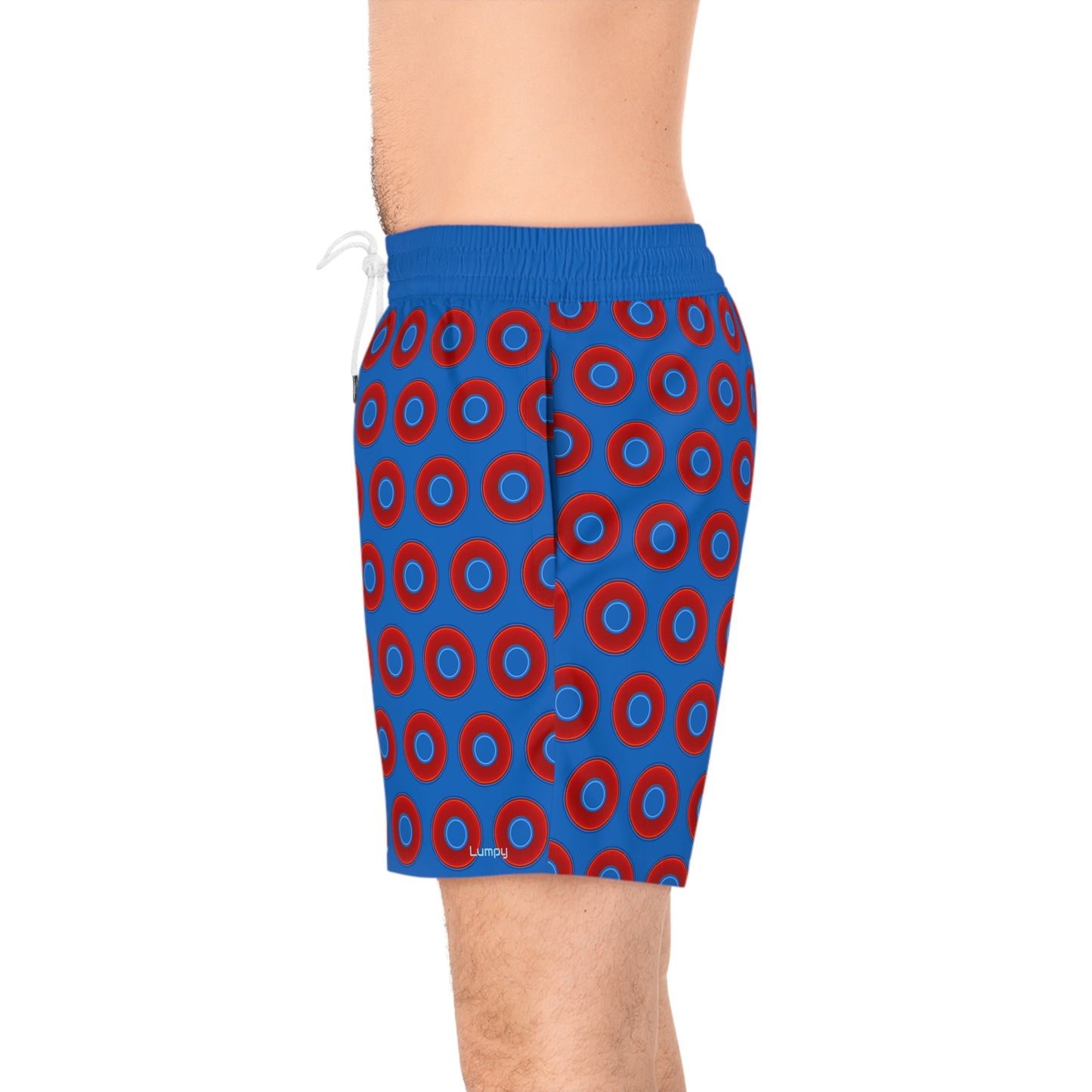 Men's Lumpy Swim Trunks - vivid red donut print w/dark royal blue background