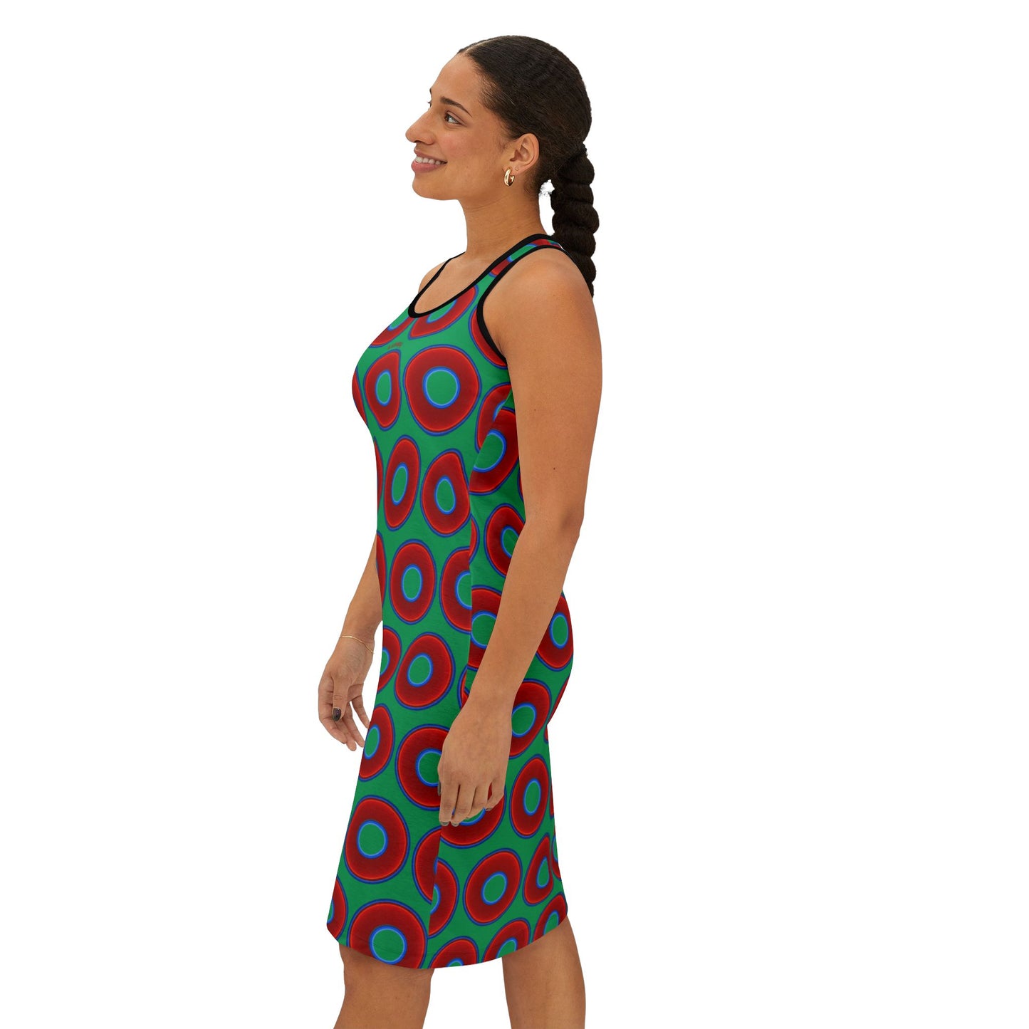 Tela's Lumpy Racerback Donut Dress - red vivid donut print w/jade green background