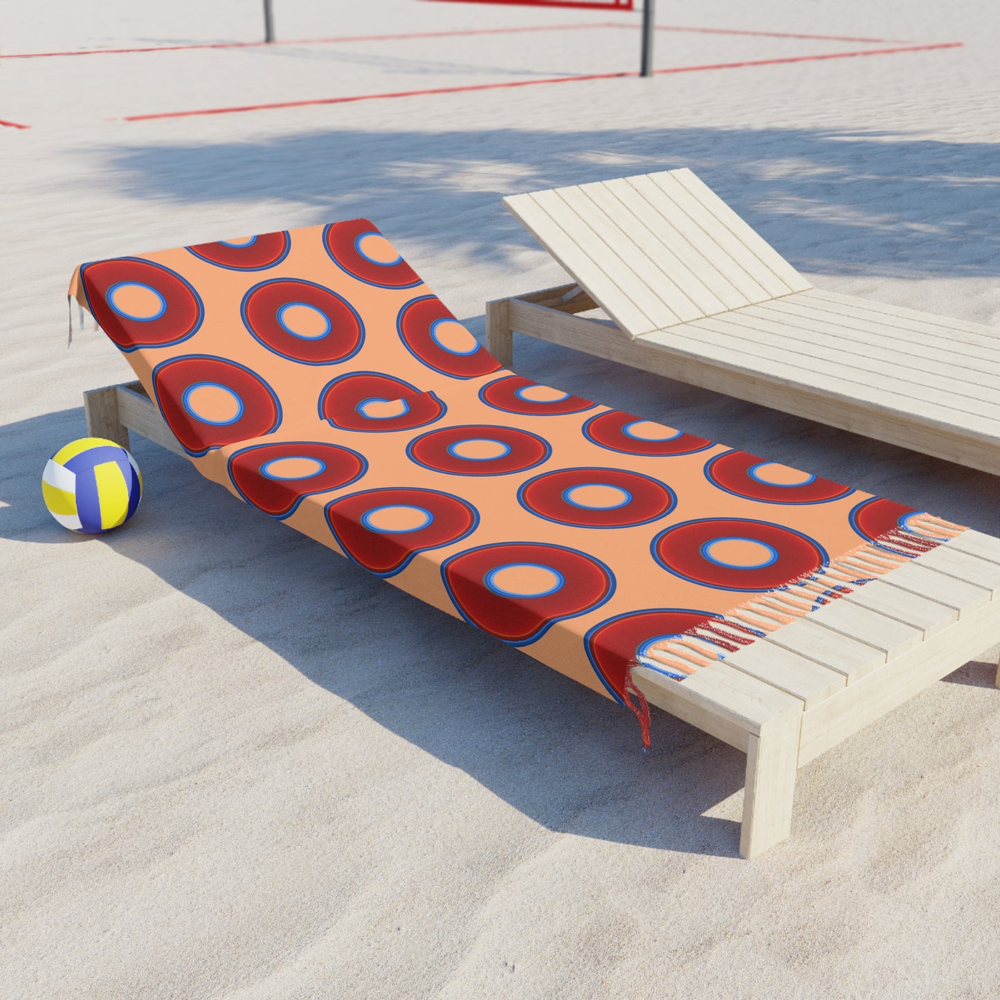 Oversized Lumpy Beach Towel - vivid red donuts w/peach background