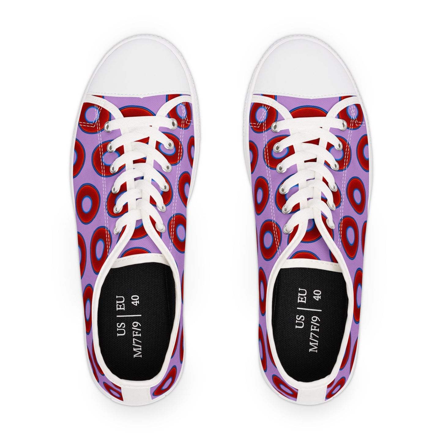 Women's - Low Top Chuck Taylors - large vivid red donut print w/wisteria purple background