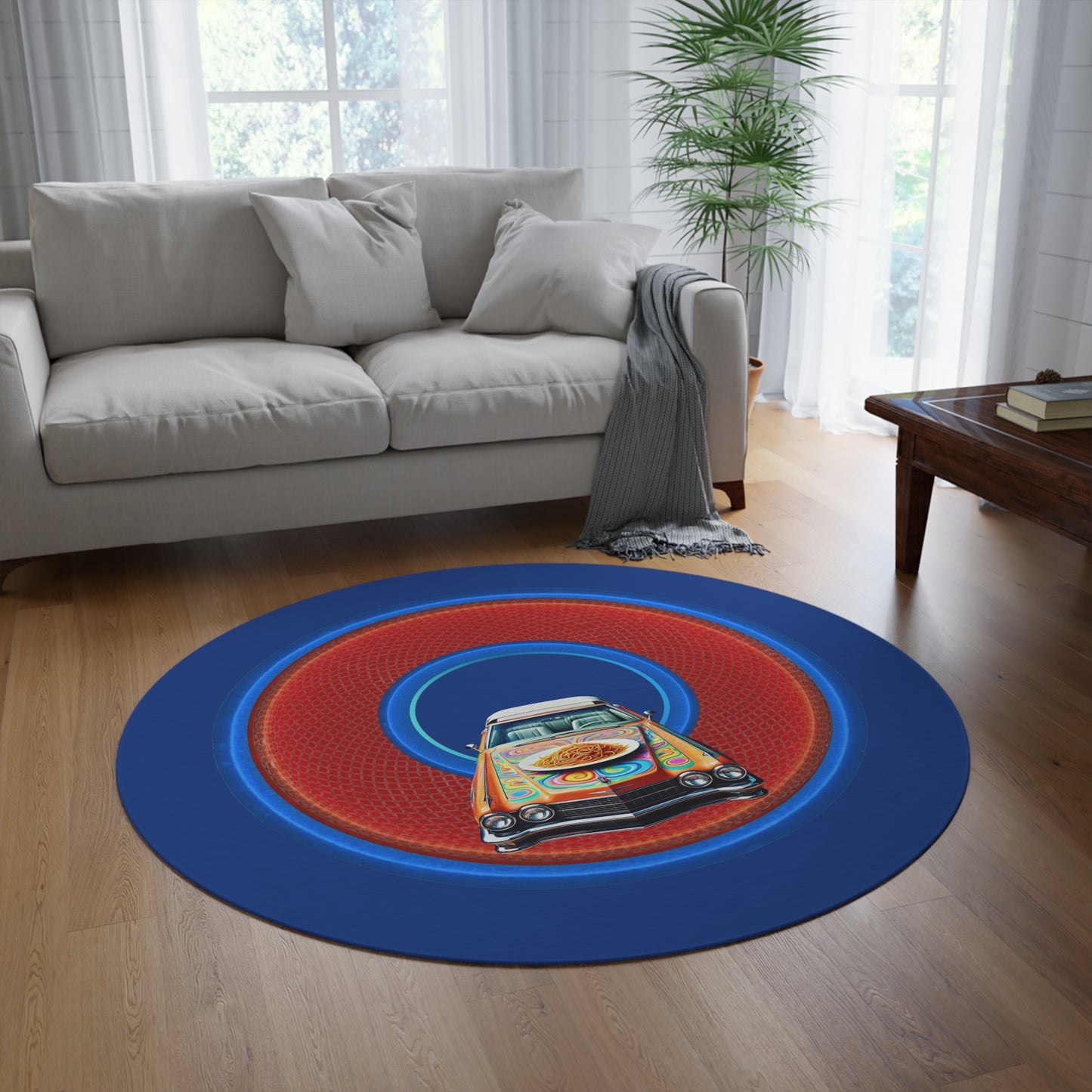 Round Room - 5 ft x 5 ft Lumpy Donut Rug - "Caddy Spaghetti Incident Donut Rug" - rustic light blue/orange donut w/dark blue background - variant 1