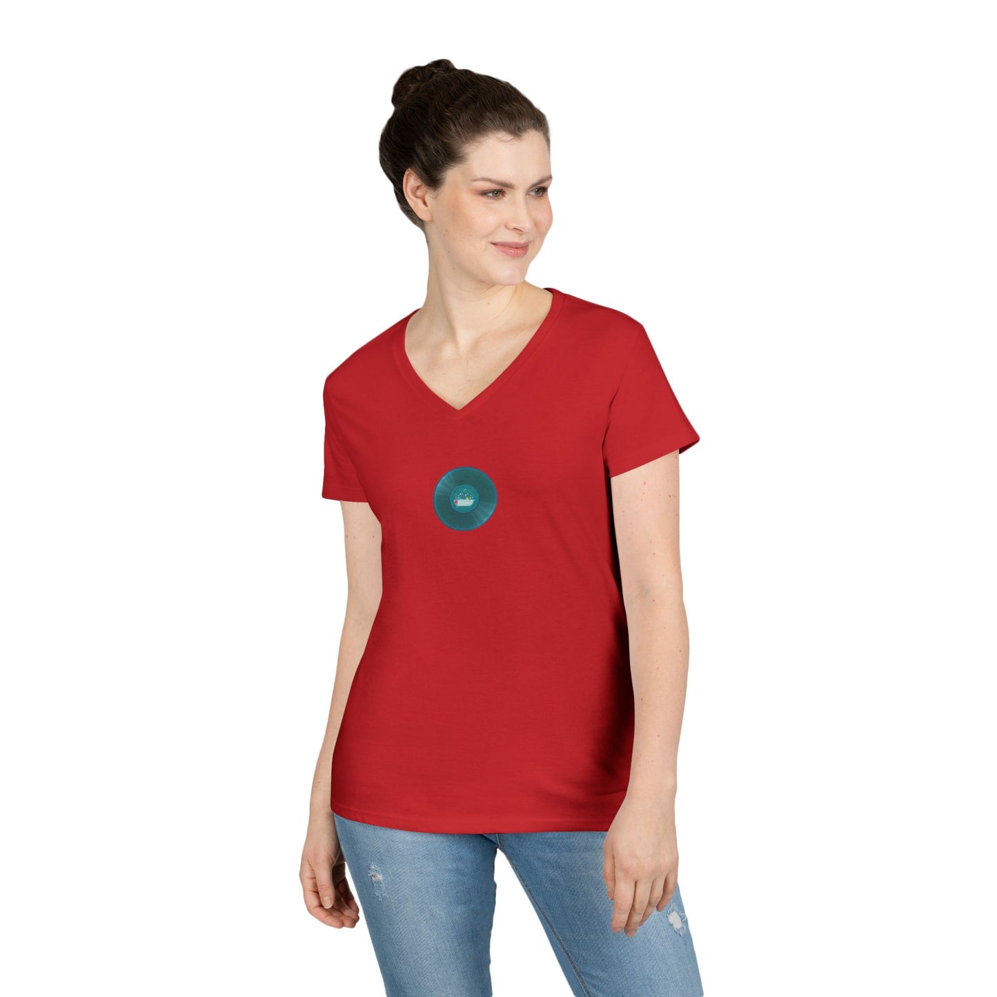 Women's Donut V-Neck Tee - "Bathtub Fun Donut" - vivid aquamarine donuts w/tub