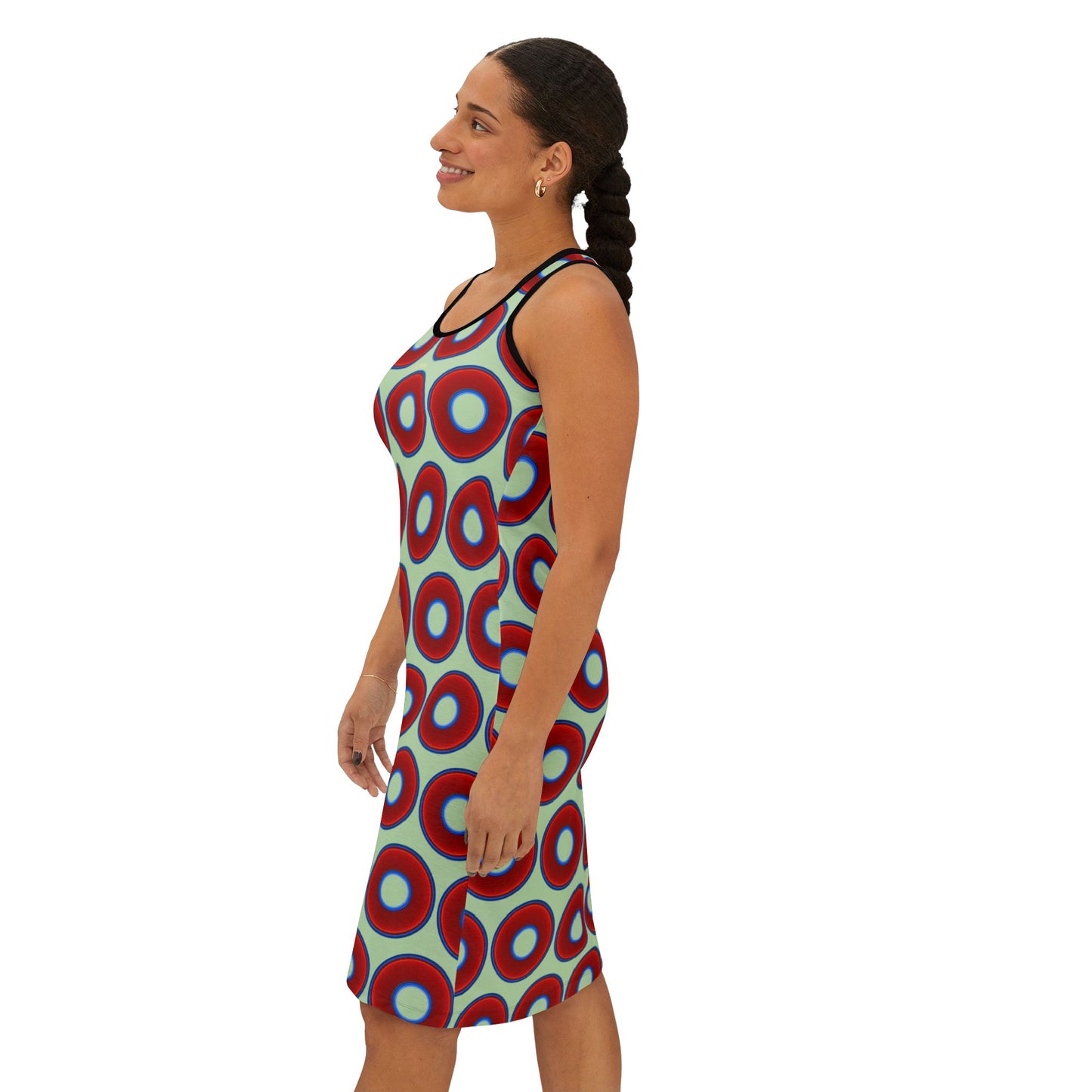Tela's Lumpy Racerback Donut Dress - red vivid donut print w/seafoam background