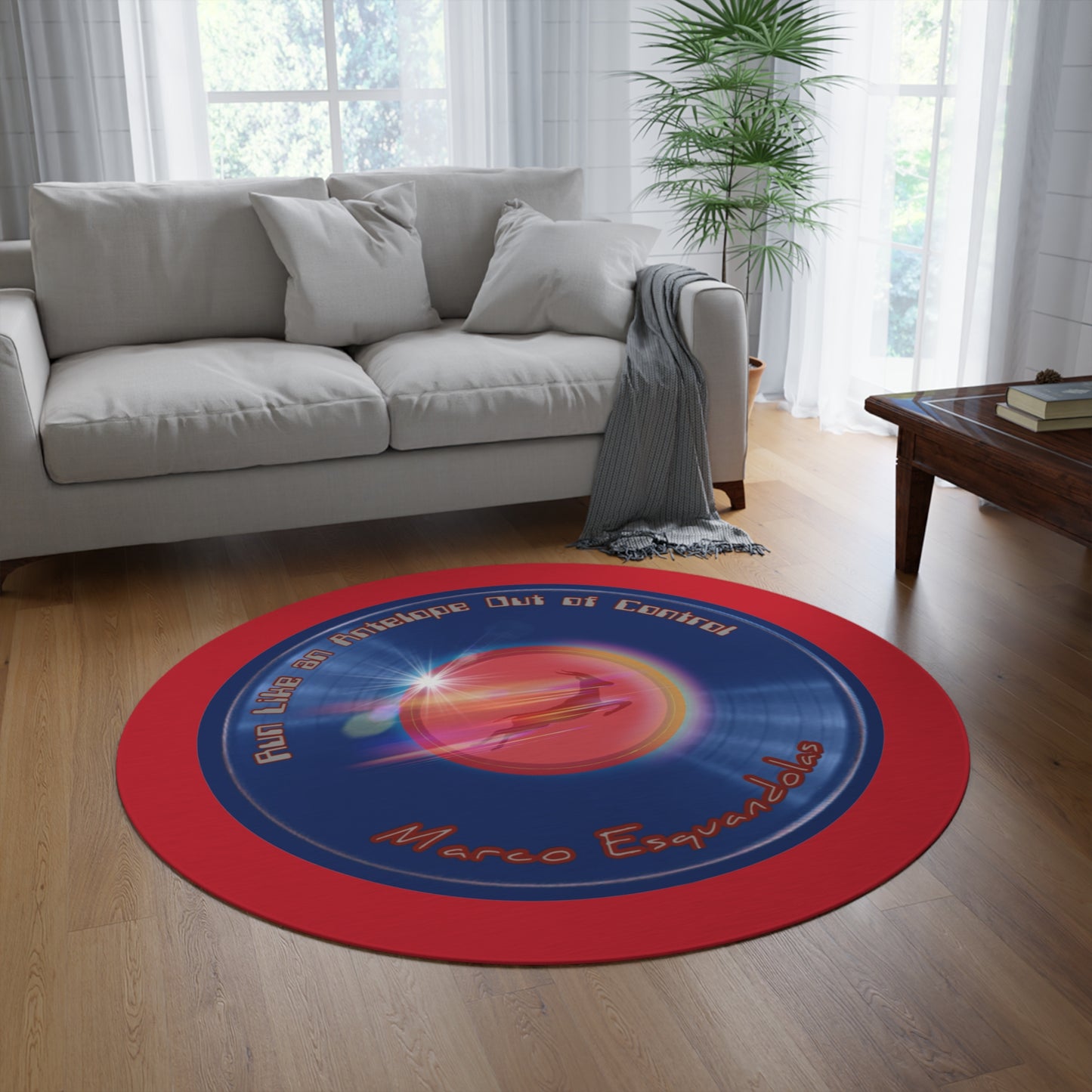 Round Room - 5 ft x 5 ft Lumpy Donut Rug - "Marco's Preferred Donut Rug" - vivid blue record donut w/dark red background