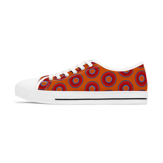 Women's - Low Top Chuck Taylors - large vivid red donut print w/dark orange background