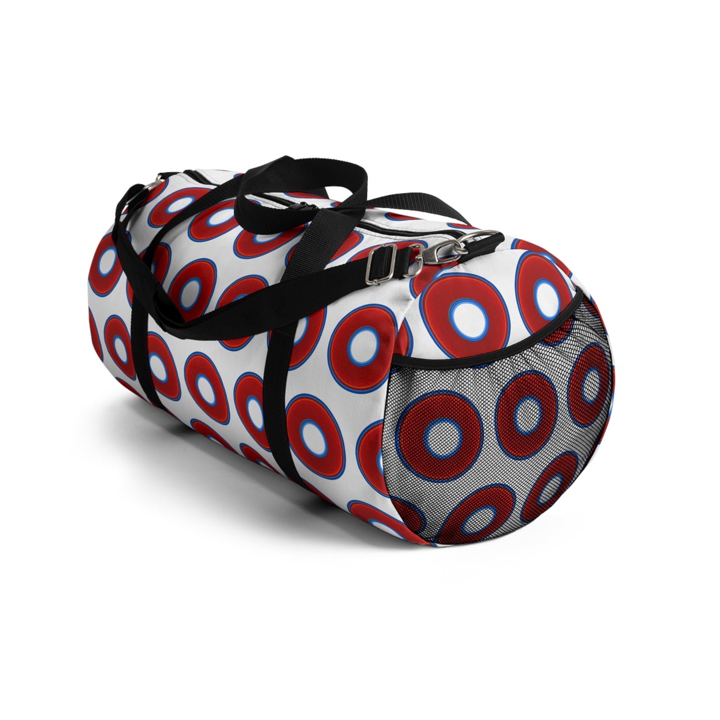 Lumpy Duffel - vivid red donuts w/white background