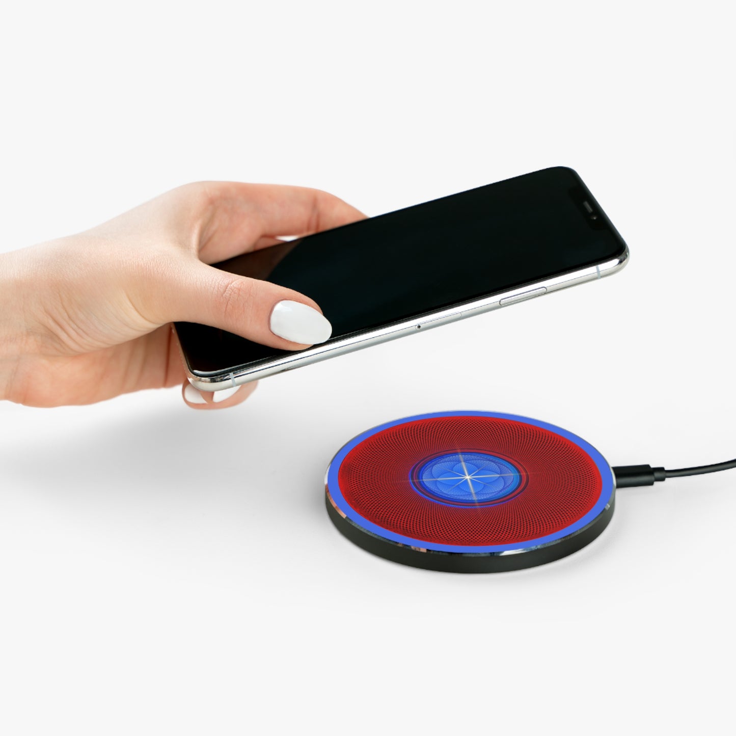 The Flow - Wireless Lumpy Donut Chargers - "Geometric Phatty Donut" - red phatty donut w/royal blue background