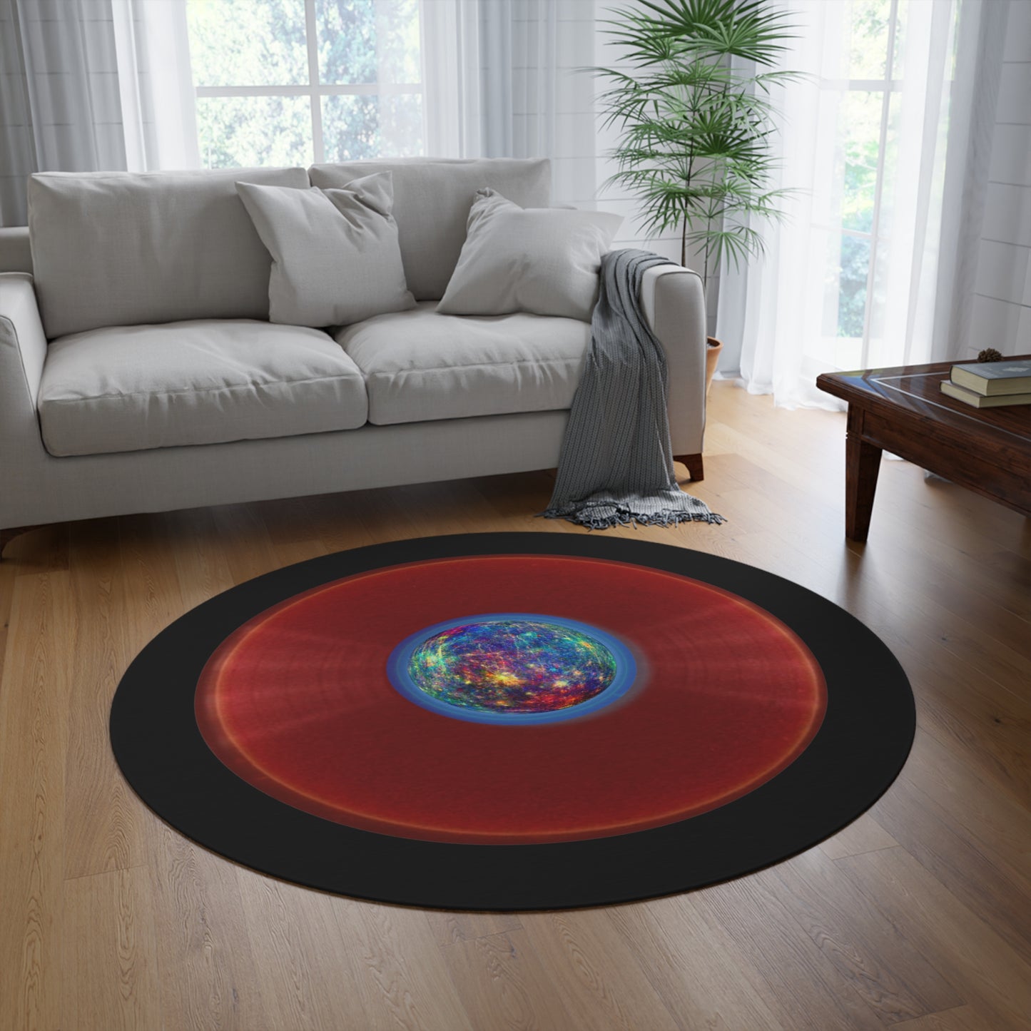 Round Room - 5 ft x 5 ft Lumpy Donut Rug - "Donut Rug of the Gods" - vivid red donut w/black background - variant 1