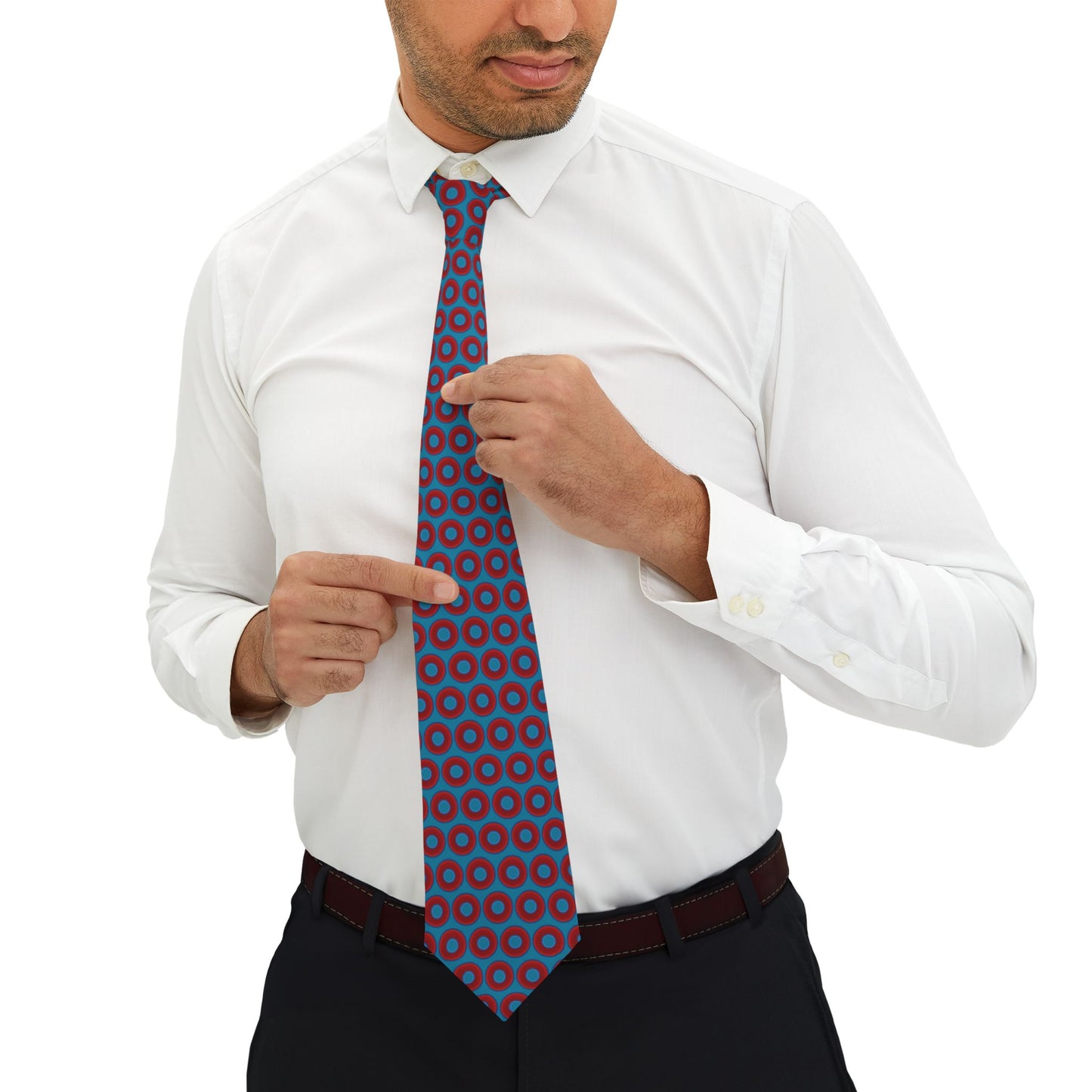 The Lumpy Necktie - vivid red donut print w/aquamarine blue background