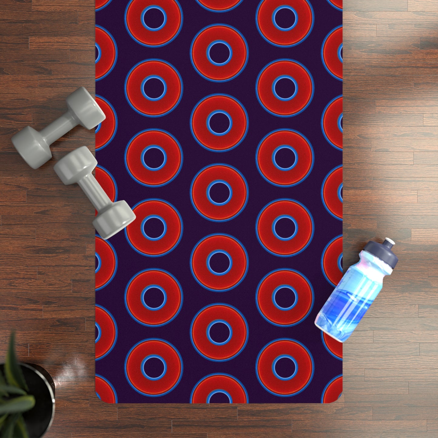 Lumpy Donut Yoga Mat :) - 24″ x 70" - vivid red donut print w/midnight purple background
