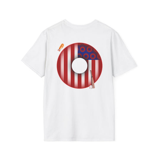 Classic Donut Tee - Unisex Soft-Style - "Uncle Sam's Donuts & Stripes" - vivid flag donut w/raw dogger