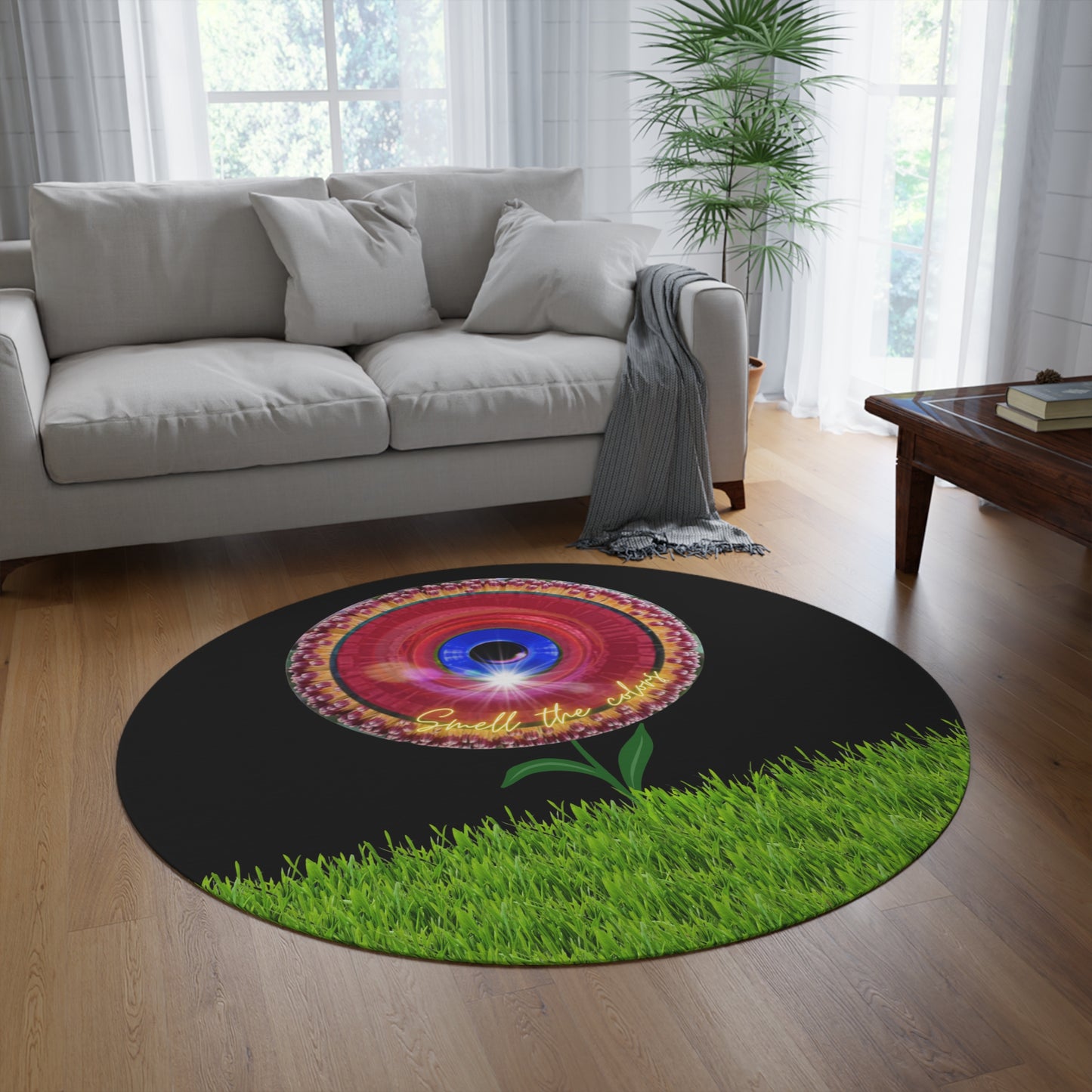 Round Room - 5 ft x 5 ft Lumpy Donut Rug - "Smell The Donuts Inside On My Rug" - red flour donut w/black background - variant 3
