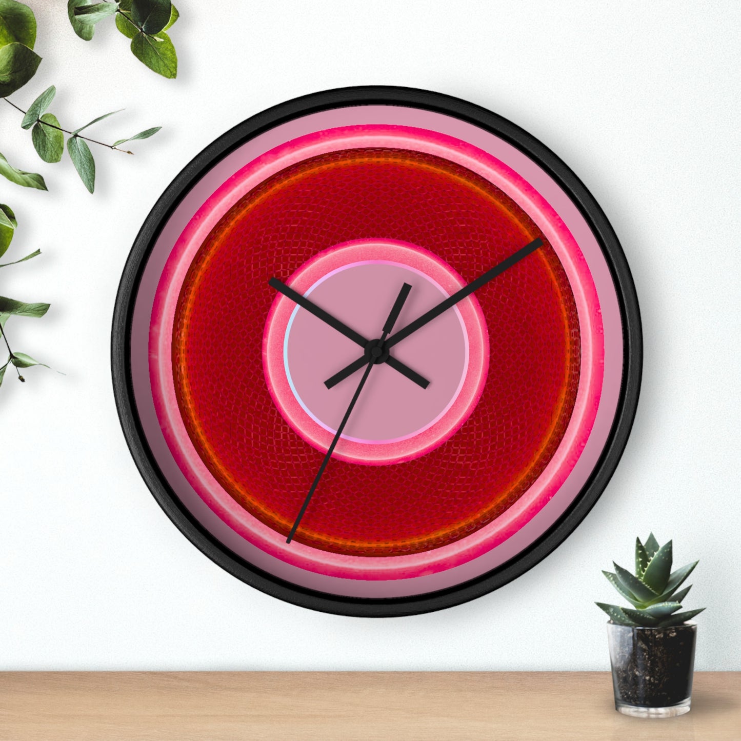 Lumpy Wall Clock - red rustic donut w/pink edging - variant 3 w/pale magenta background