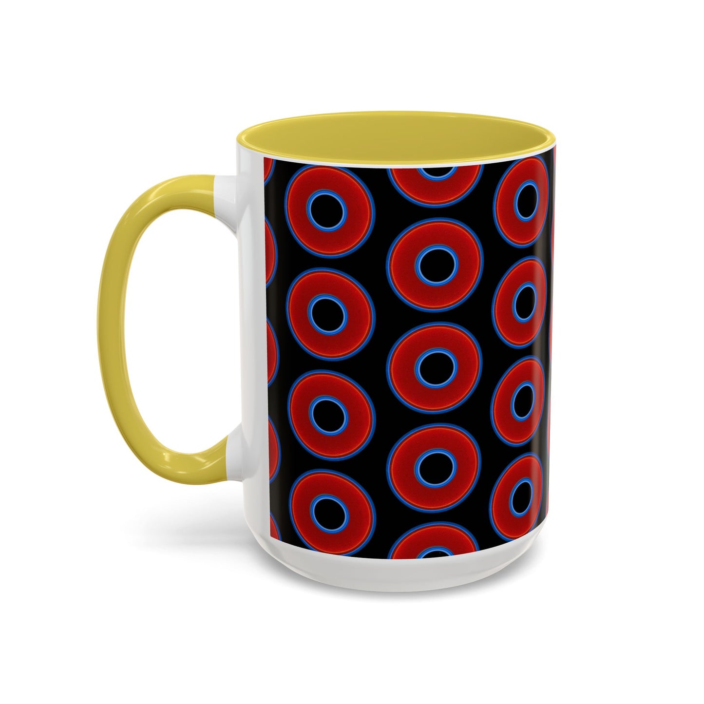 Lump's Grumpy Coffee Mug - vivid red donuts w/black background