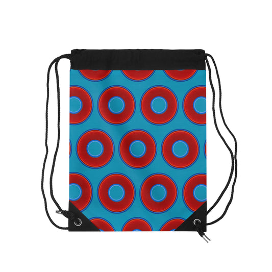 Lumpy Donut Drawstring Bag - red vivid donuts print w/aquamarine blue background