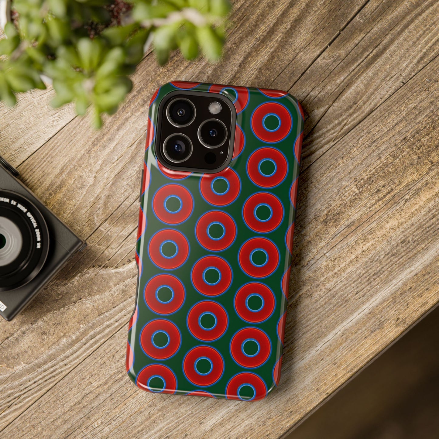 Magnetic Tough Donut Case - red vivid donut print w/deep pond green background