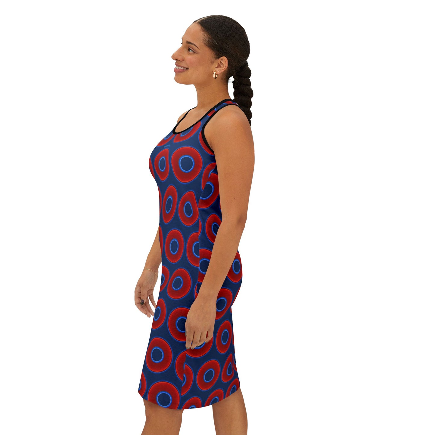 Tela's Lumpy Racerback Donut Dress - red vivid donut print w/Atlantic navy blue background