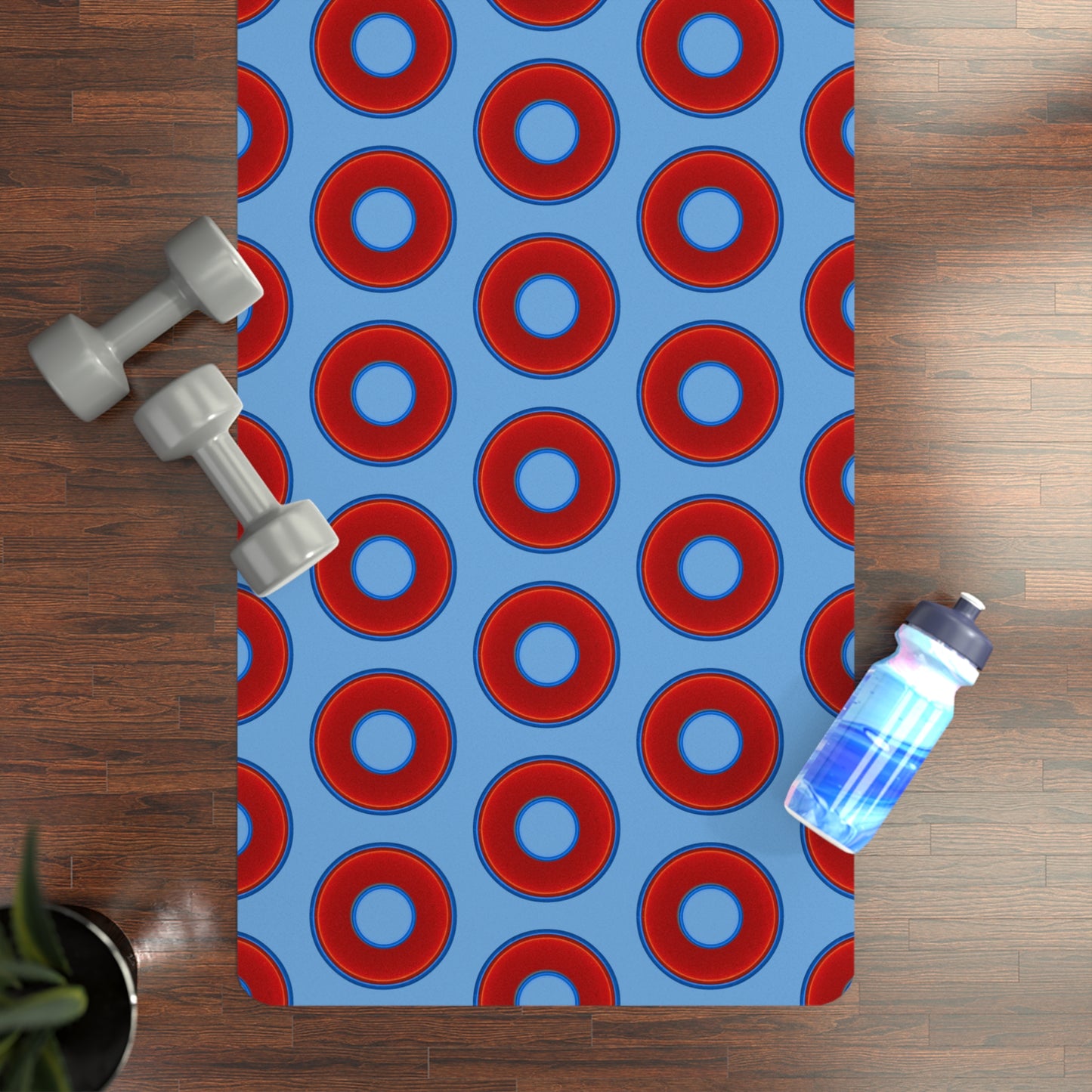 Lumpy Donut Yoga Mat :) - 24″ x 70" - vivid red donut print w/light blue background