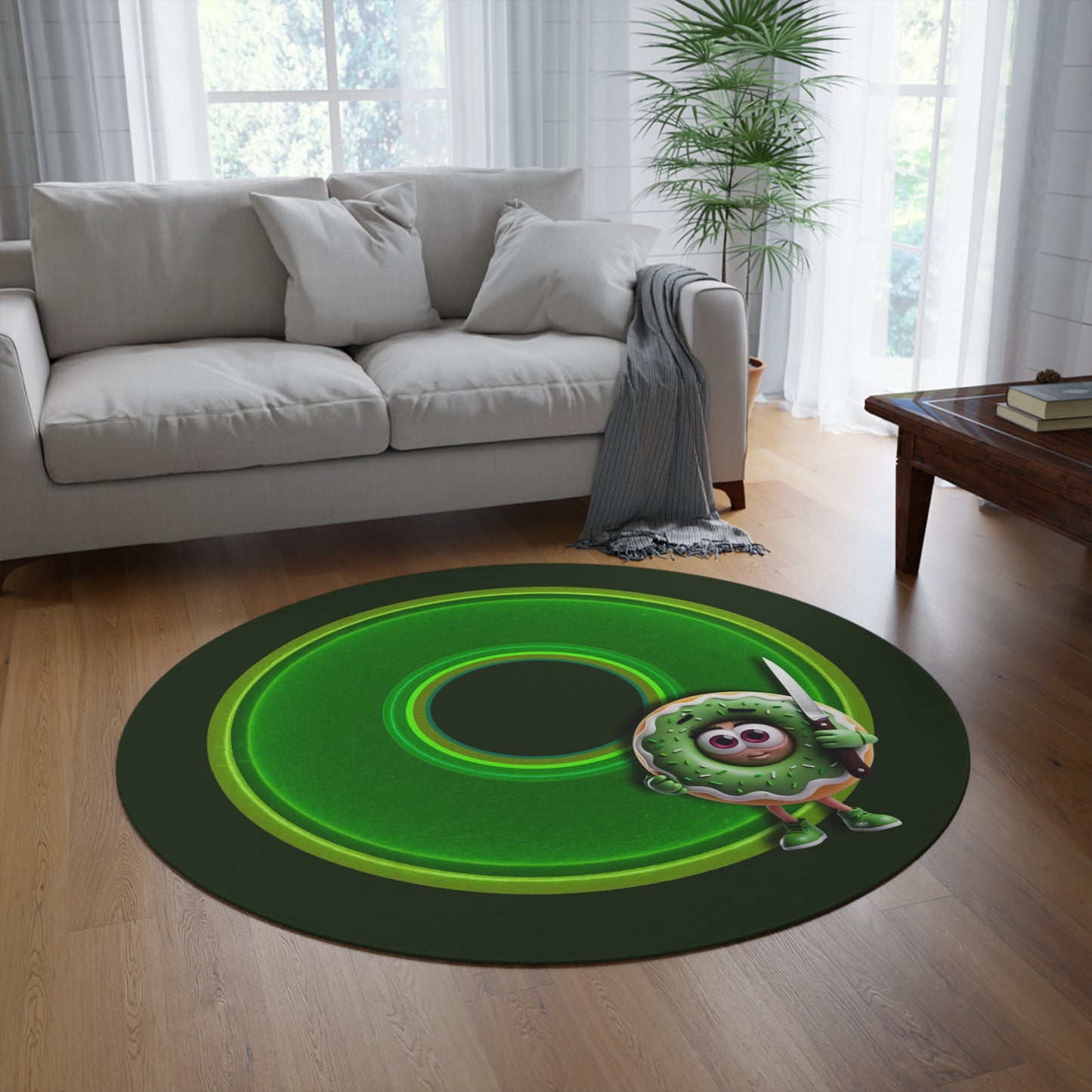 Round Room - 5 ft x 5 ft Lumpy Donut Rug - "My Phriend the Donut Rug" - vivid green donut w/deep forest green background - variant 4