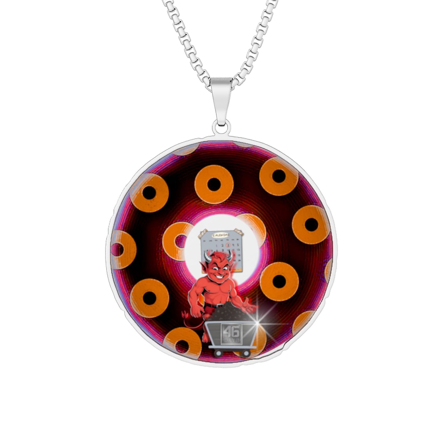 Lump's Heady Donut Necklace - 1" x 1" Stainless Steel Pendant - "Tasty Fear Donut Pendant" - burgundy/orange blimpy paradox donut