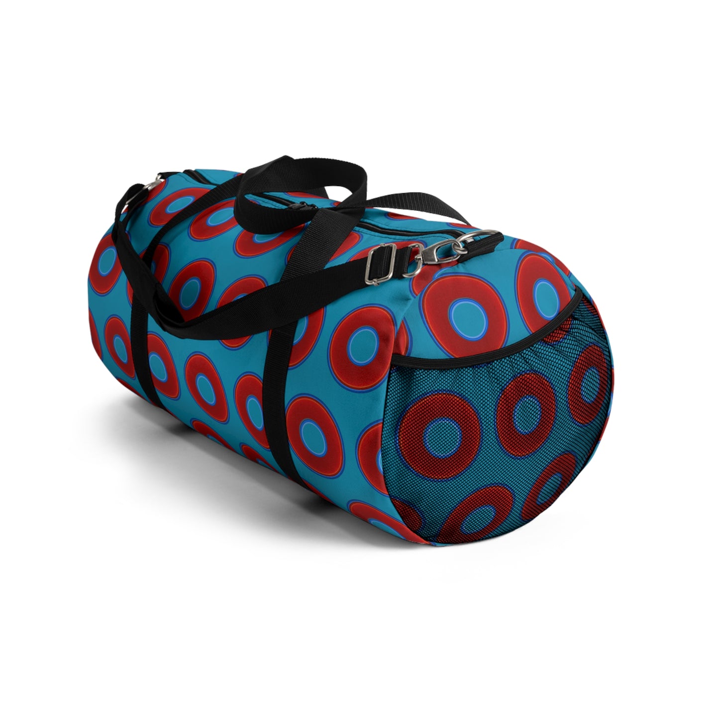 Lumpy Duffel - vivid red donuts w/aquamarine blue background