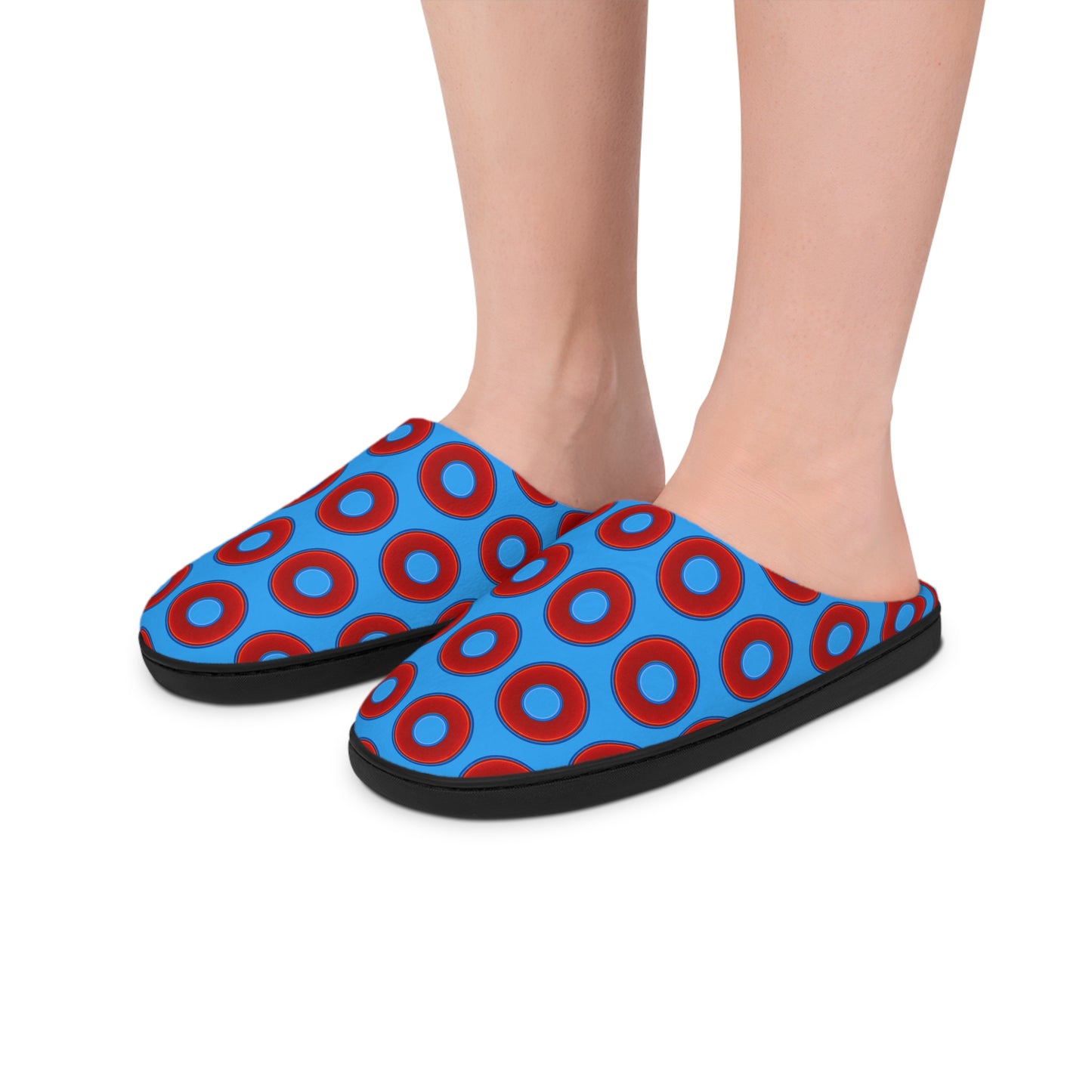 Women's Lumpy Slippers - red vivid donut print w/sky royal blue background