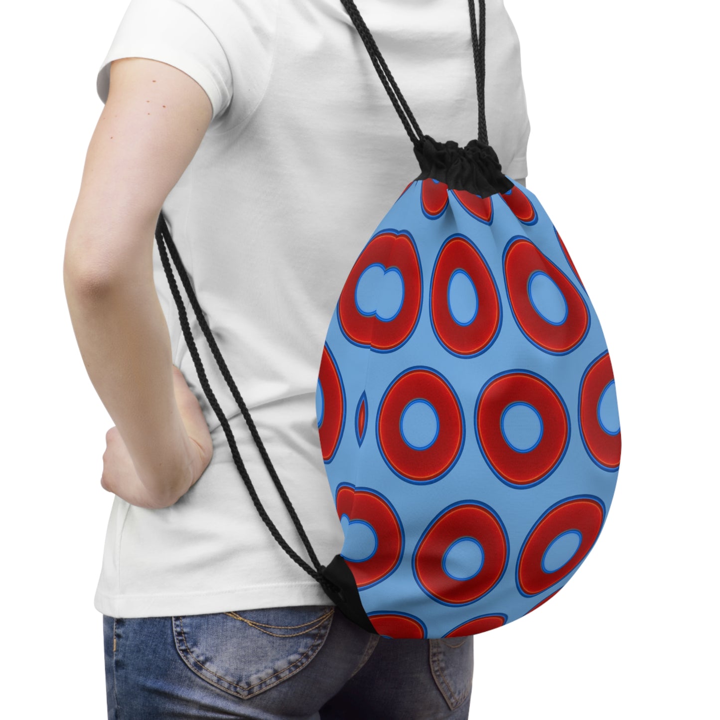 Lumpy Donut Drawstring Bag - red vivid donuts print w/light blue background