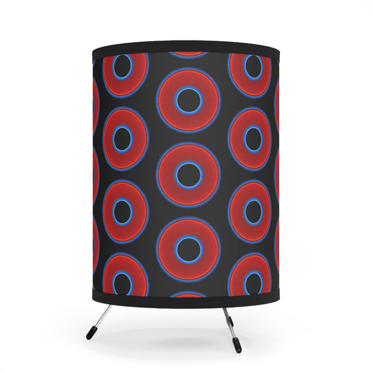 Lumpy Tripod Donut Lamp - vivid red donuts w/black background